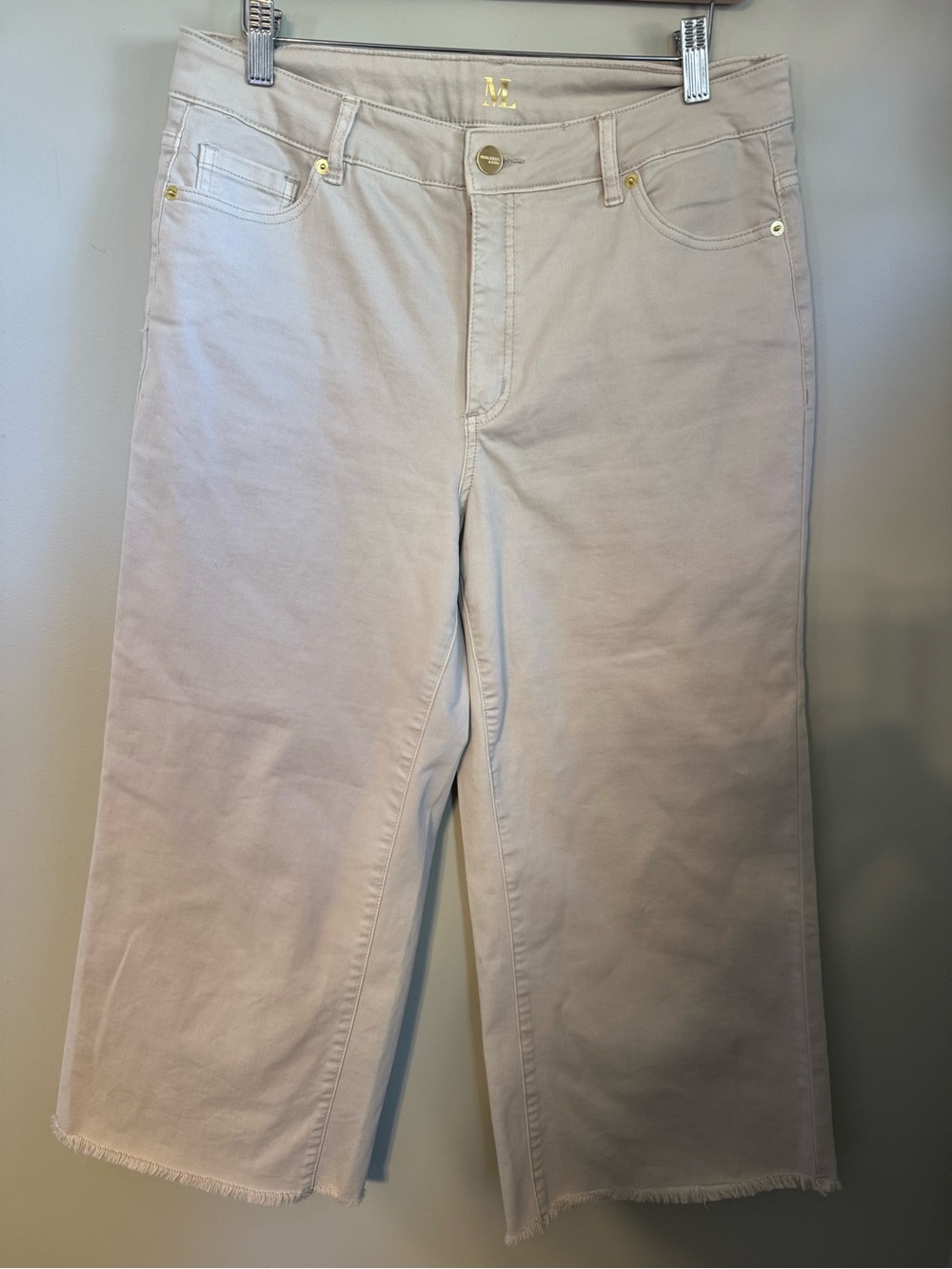 MELANIE LYNE Women's Wide Leg Cropped Jeans Raw Hem BEIGE Tan Size 12
